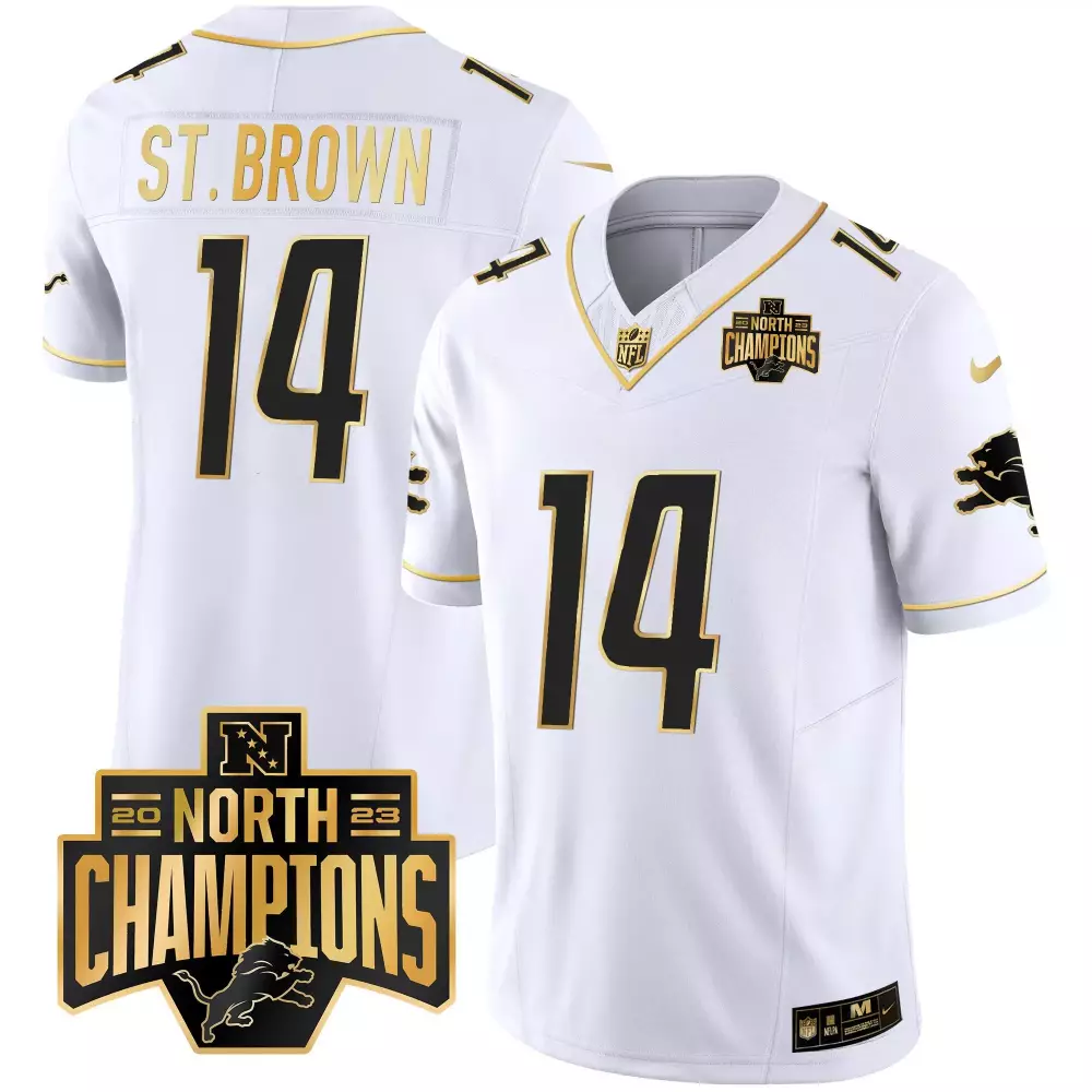 st brown white gold mens detroit lions 2023 nfc north division champions patch vapor gold jersey all stitched