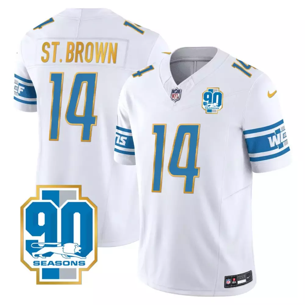 st brown white mens detroit lions 90th year patch gold trim jersey all stitched