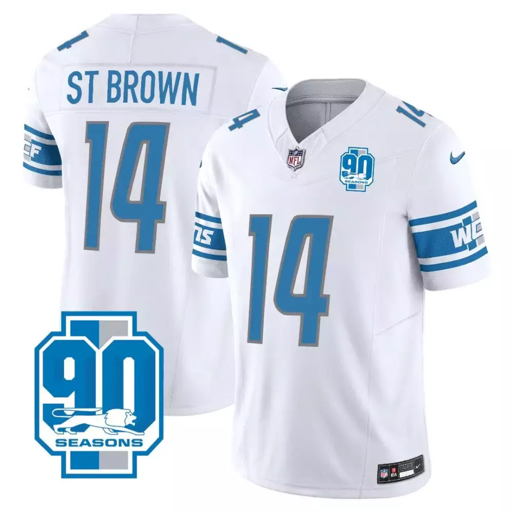 st brown white mens detroit lions 90th year patch gold trim jersey all stitched