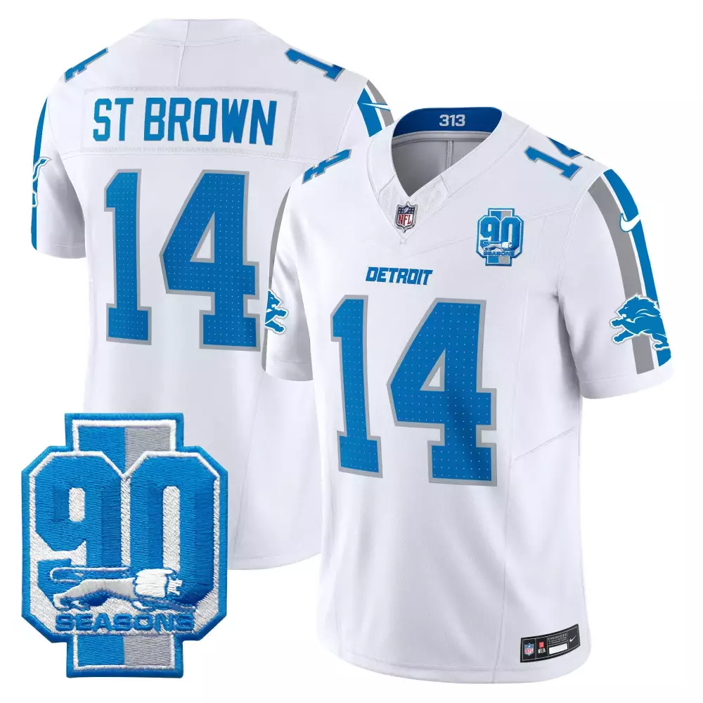 st brown white mens detroit lions 90th year patch gold trim jersey all stitched