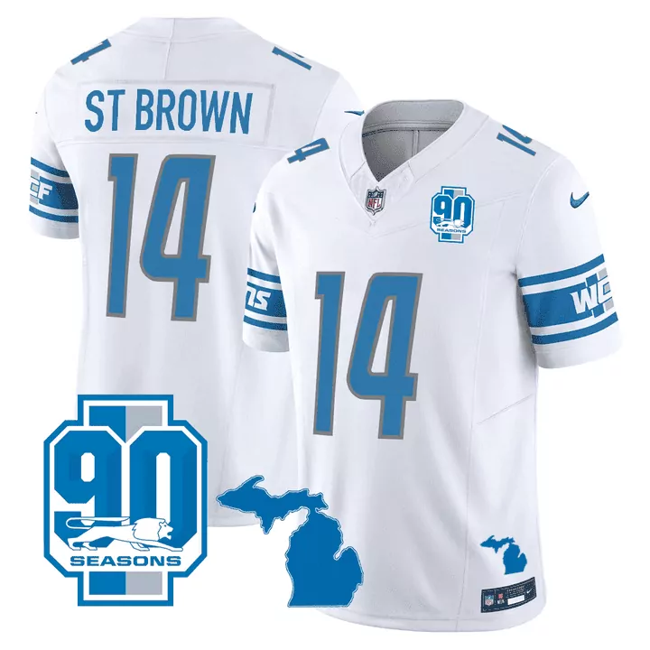 st brown white mens detroit lions 90th year patch gold trim jersey all stitched
