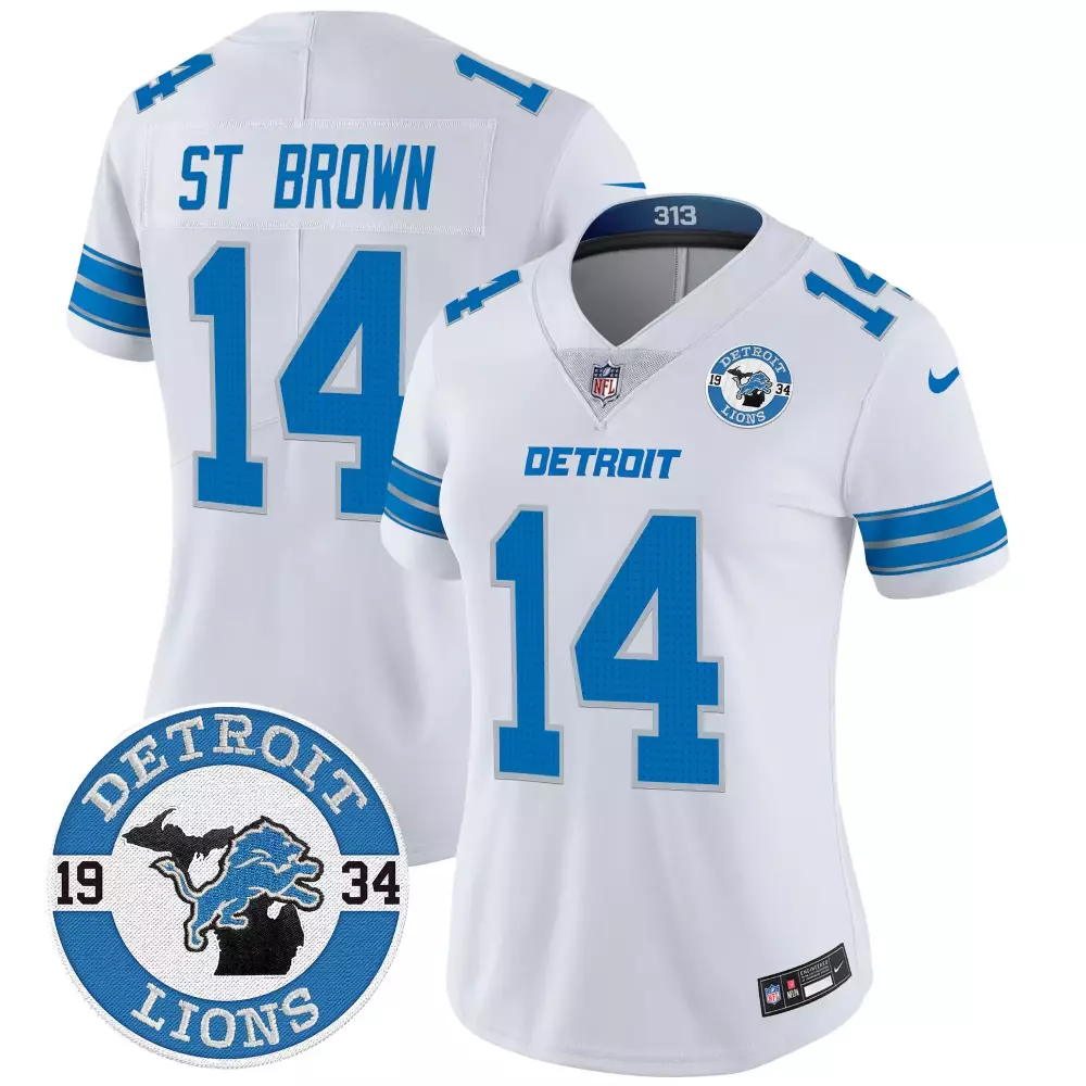 st brown white womens detroit lions 2024 vapor limited jersey est 1934 patch all stitched
