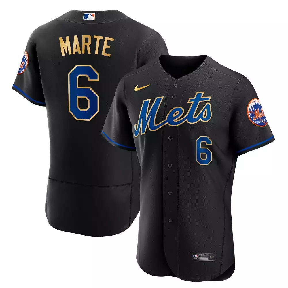starling marte flex black mens new york mets gold trim jersey all stitched