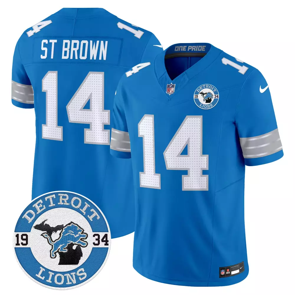 stbrown blue mens detroit lions 2024 vapor limited jersey est 1934 patch all stitched