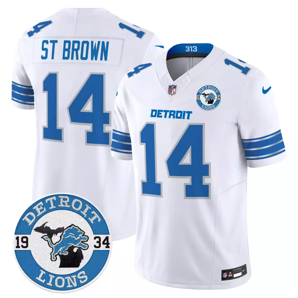 stbrown white mens detroit lions 2024 vapor limited jersey est 1934 patch all stitched