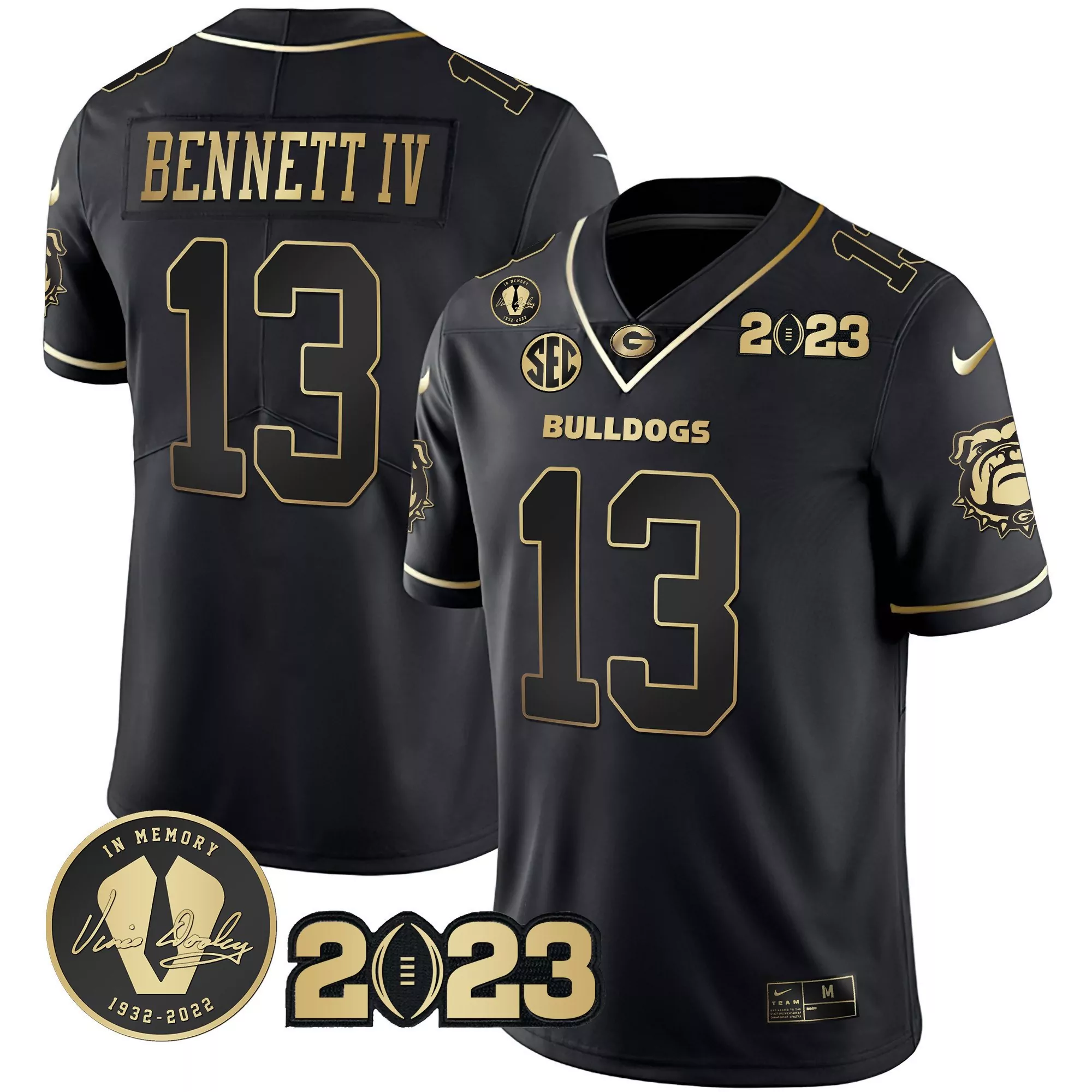 stetson bennett black gold mens georgia bulldogs 2023 champions gold jersey all stitched