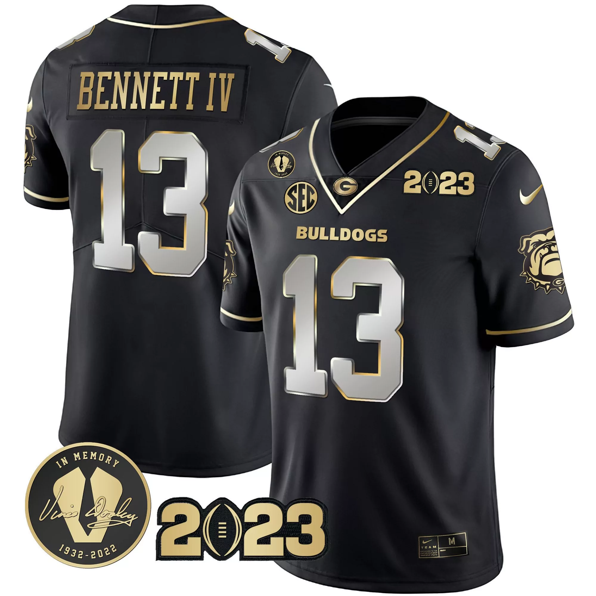 stetson bennett black limited mens georgia bulldogs 2023 champions gold jersey all stitched