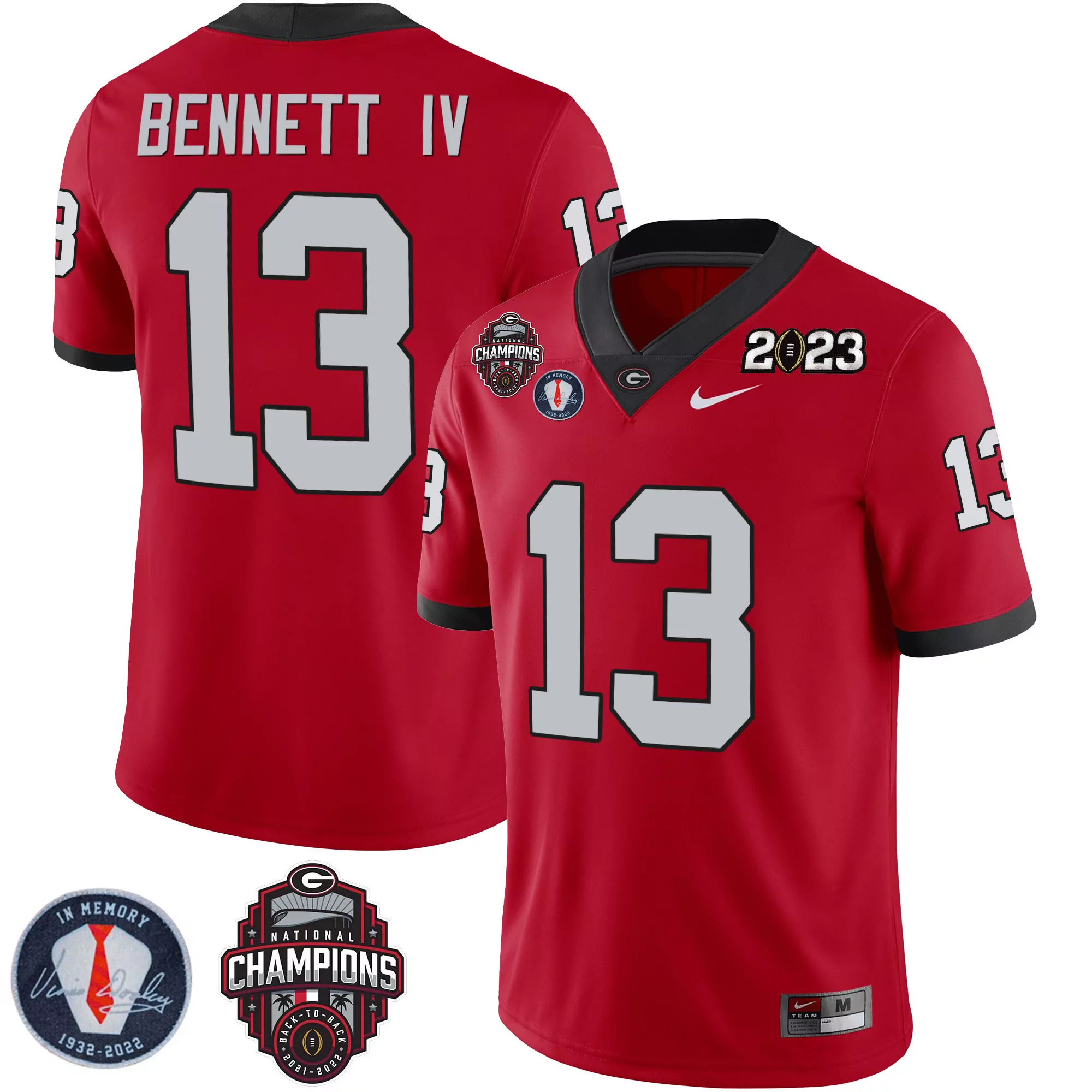 stetson bennett red mens georgia bulldogs 2023 champions vince dooley patch jersey all stitched