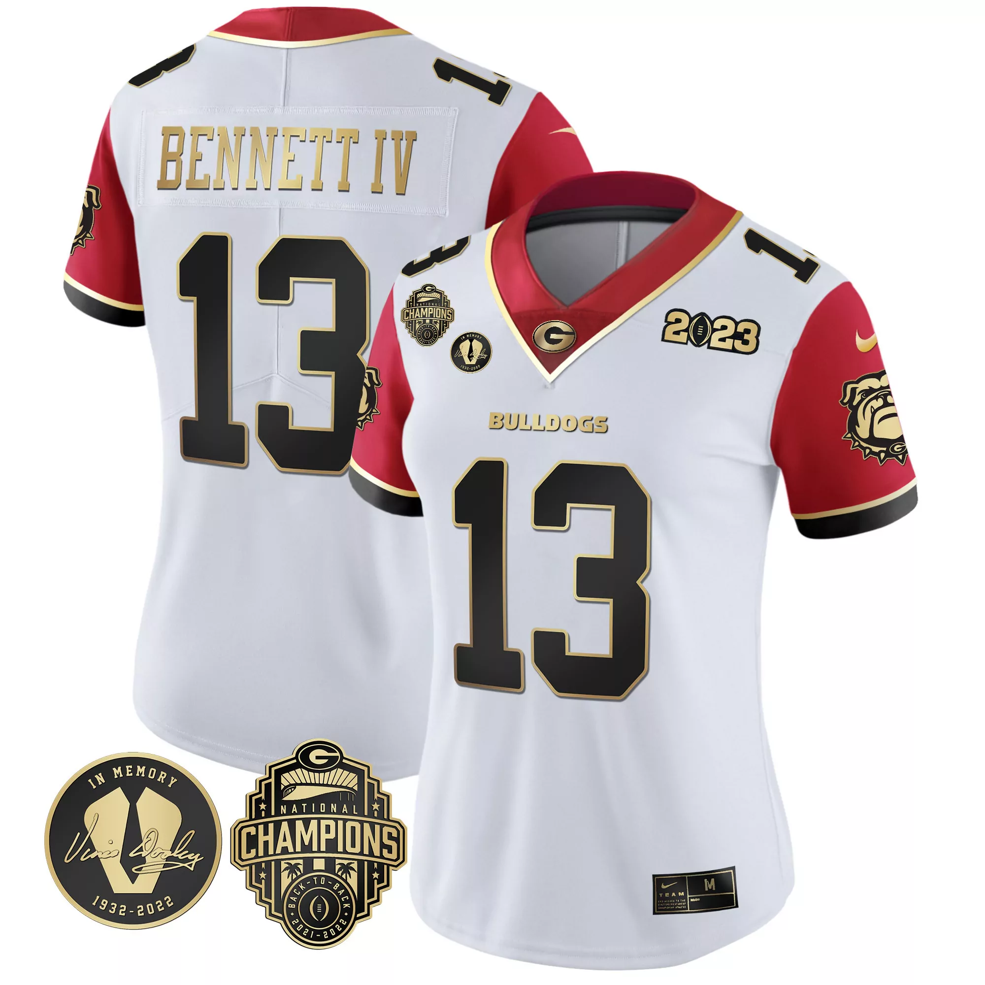 stetson bennett red sleeves womens georgia bulldogs 2023 vince dooley patch alternate gold jersey all stitched