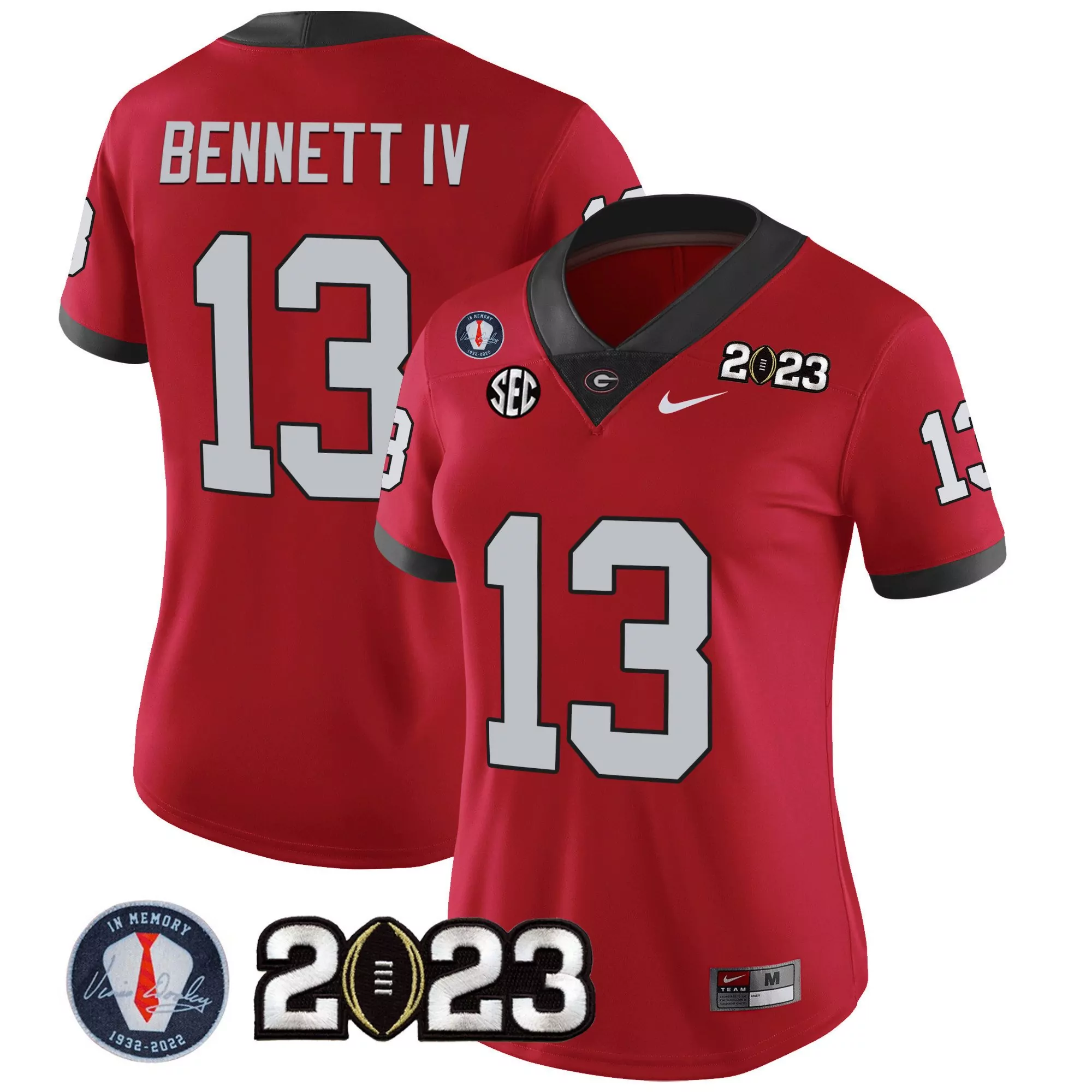 stetson bennett red sleeves womens georgia bulldogs 2023 vince dooley patch alternate gold jersey all stitched