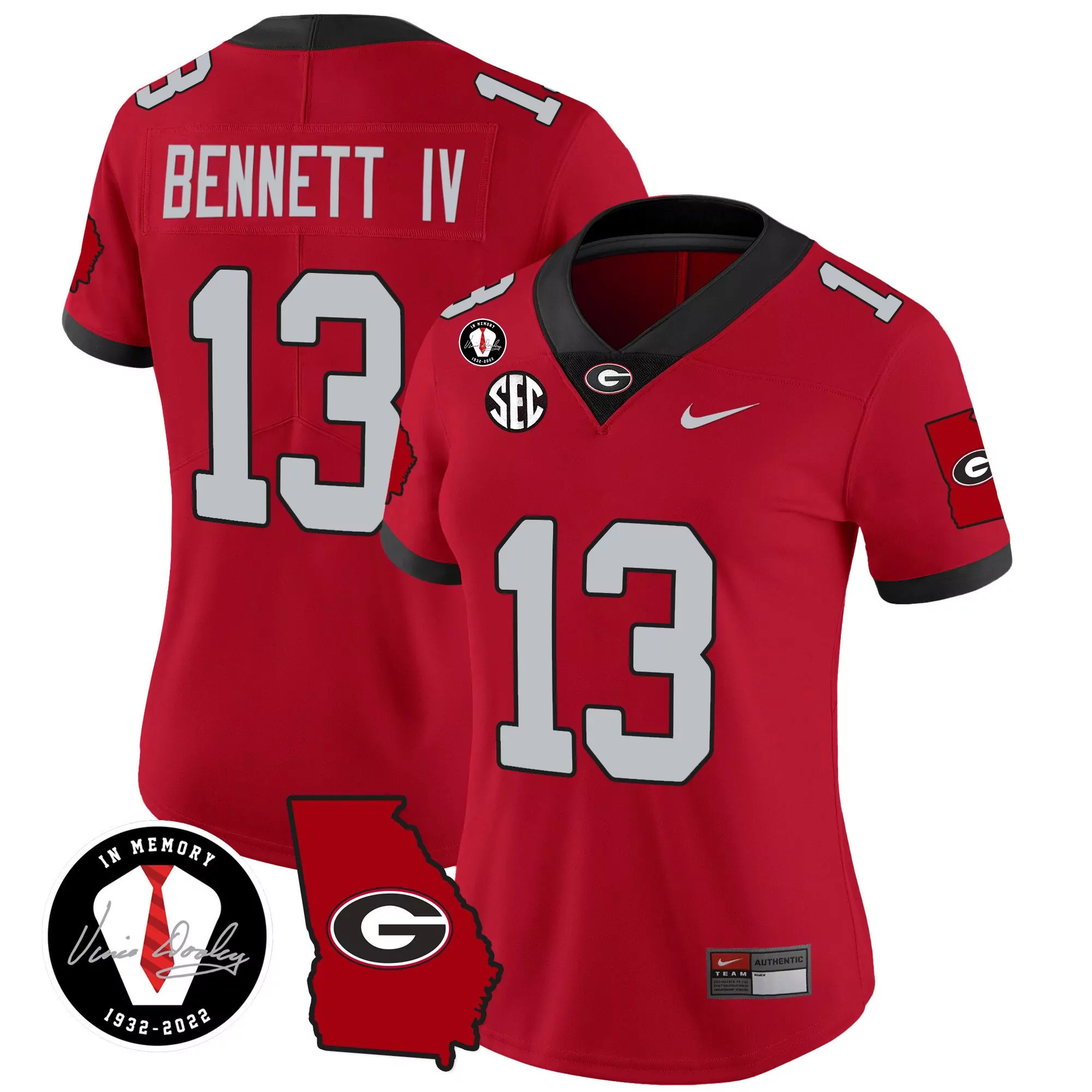 stetson bennett red sleeves womens georgia bulldogs 2023 vince dooley patch alternate gold jersey all stitched