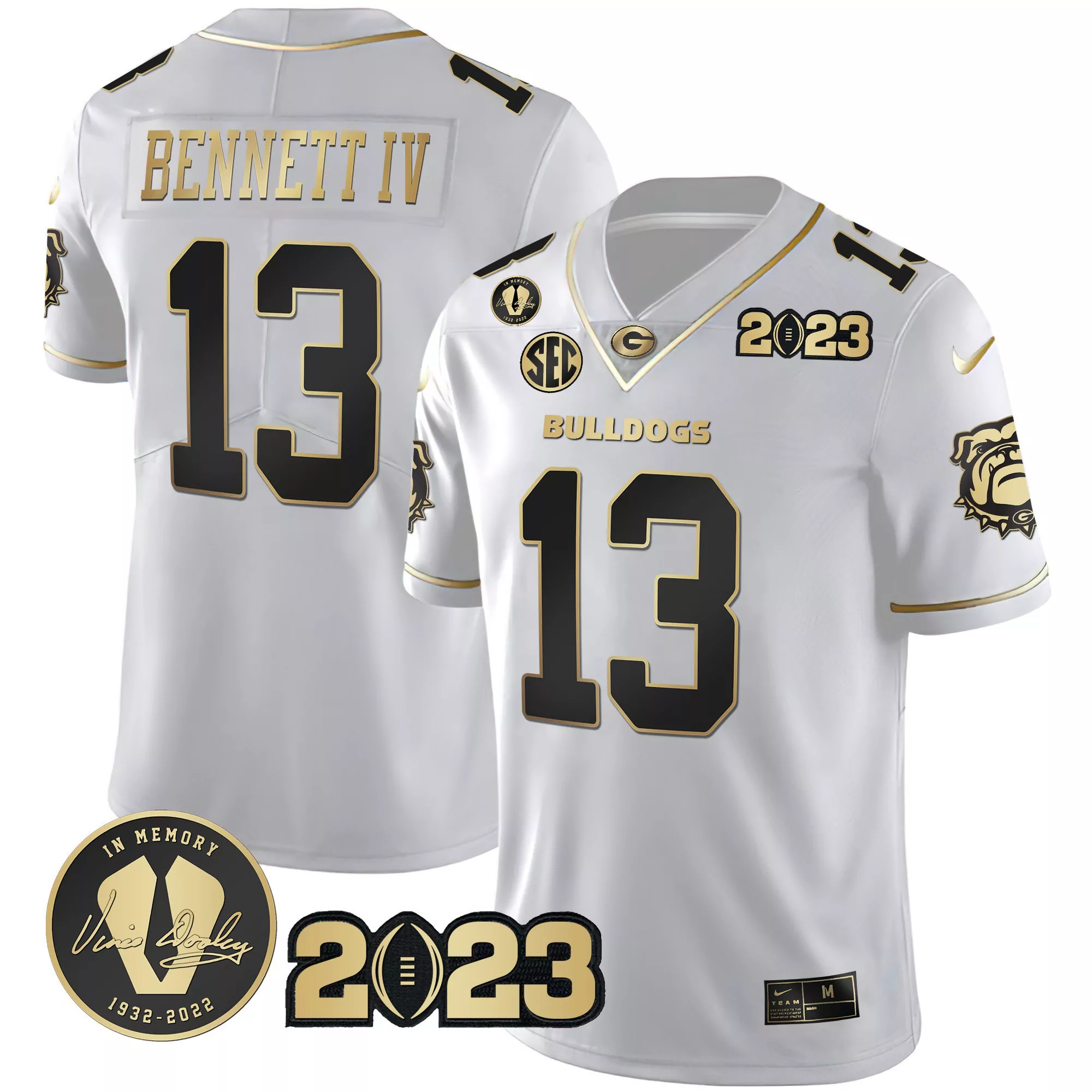 stetson bennett white gold mens georgia bulldogs 2023 champions gold jersey all stitched