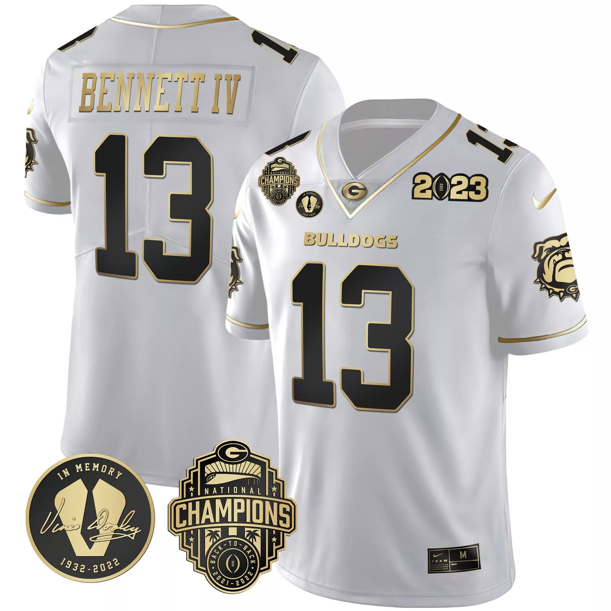 stetson bennett white gold mens georgia bulldogs 2023 champions gold jersey all stitched
