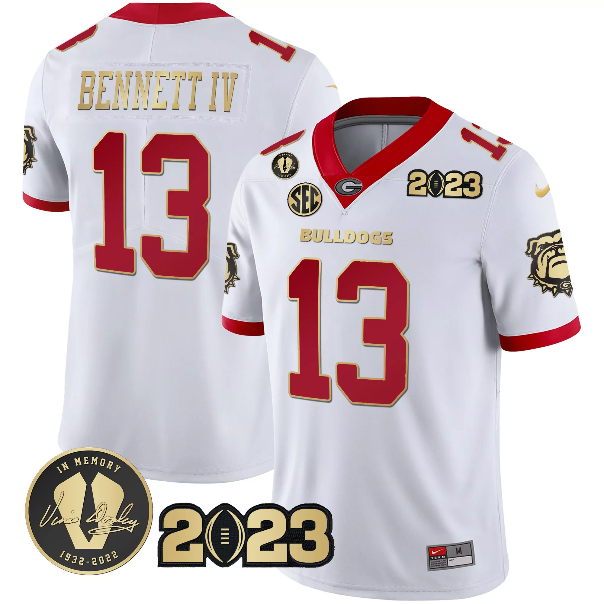 stetson bennett white gold mens georgia bulldogs 2023 champions gold jersey all stitched