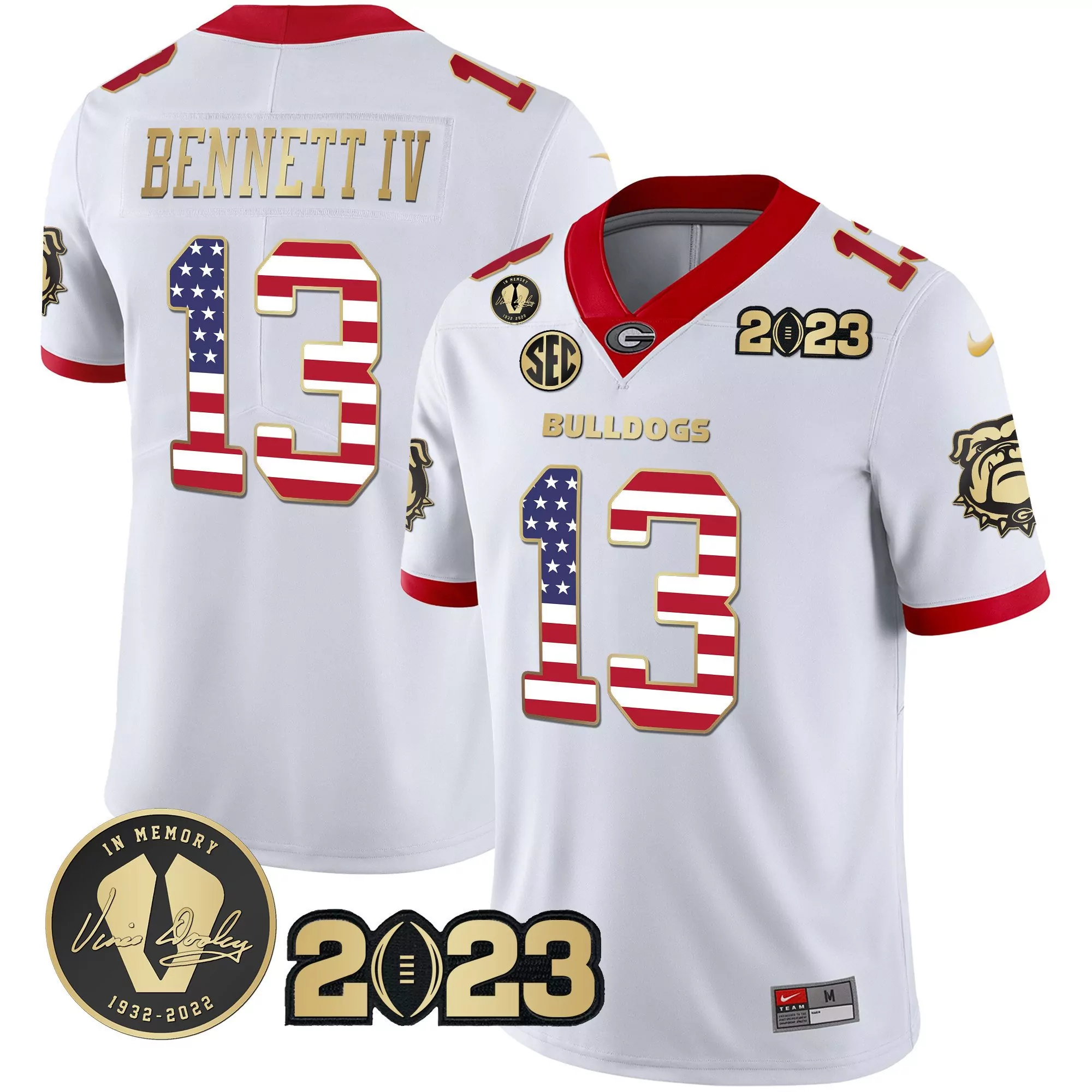 stetson bennett white gold trim mens georgia bulldogs 2023 champions gold flag jersey all stitched