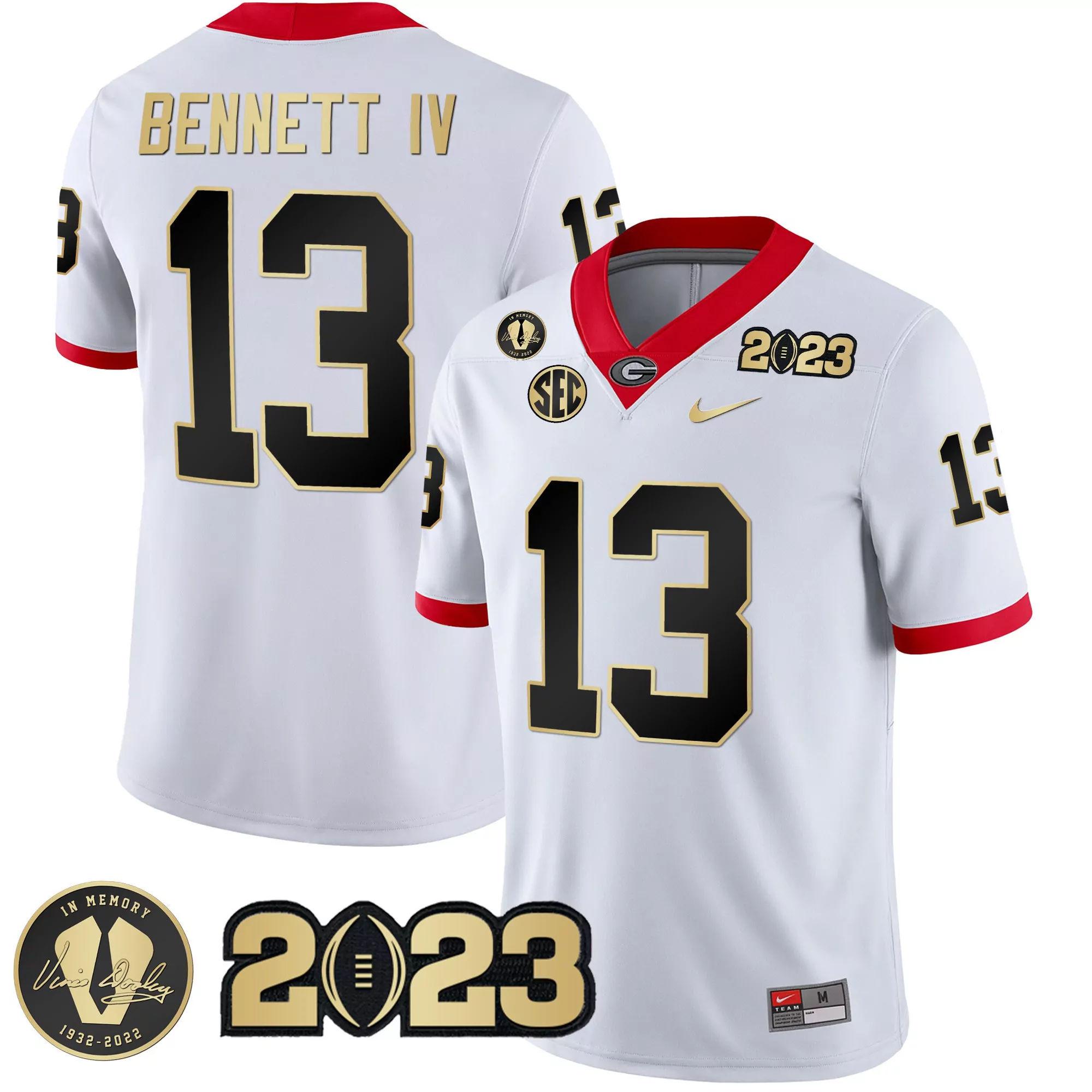 stetson bennett white gold trim mens georgia bulldogs 2023 champions gold flag jersey all stitched