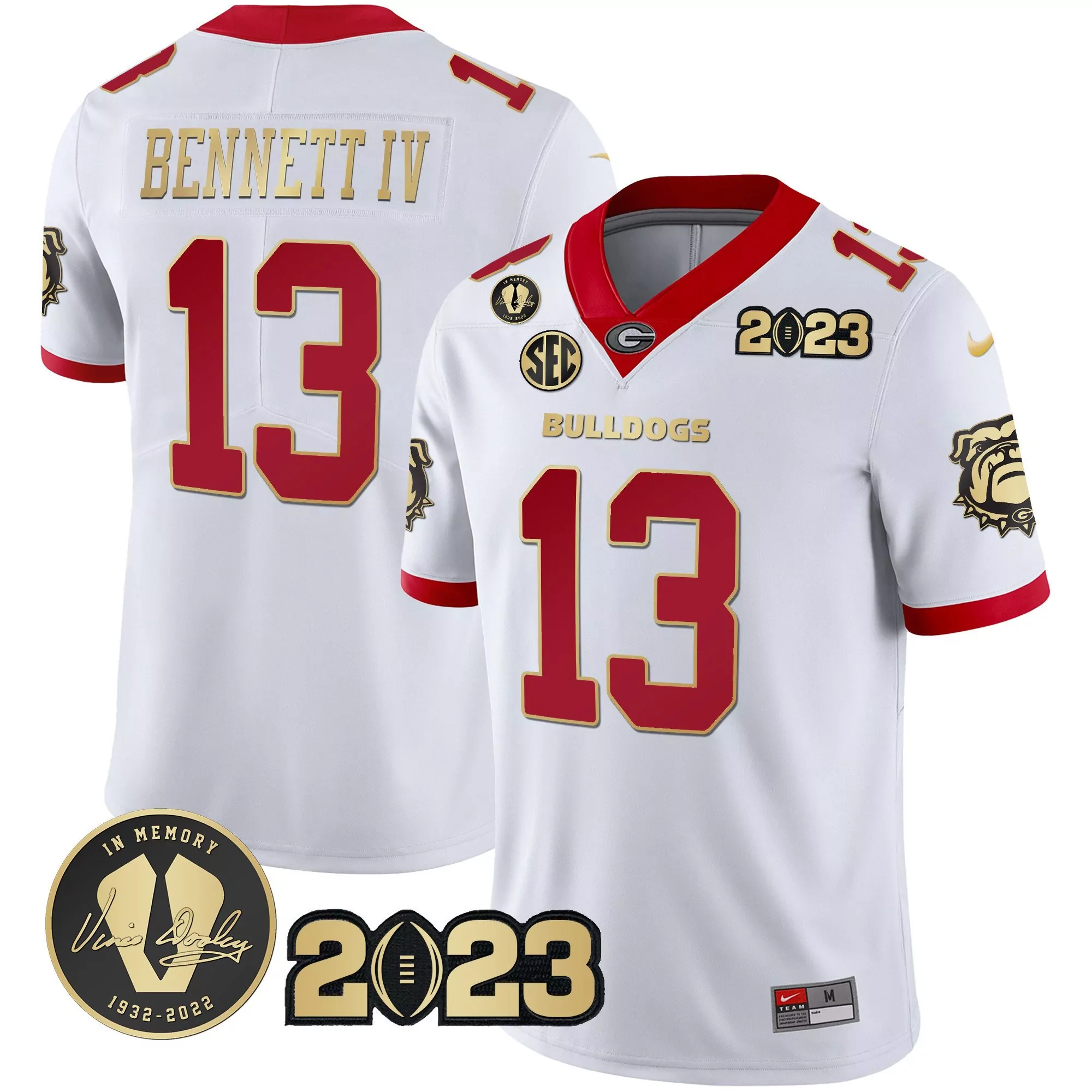 stetson bennett white gold trim mens georgia bulldogs 2023 champions gold flag jersey all stitched