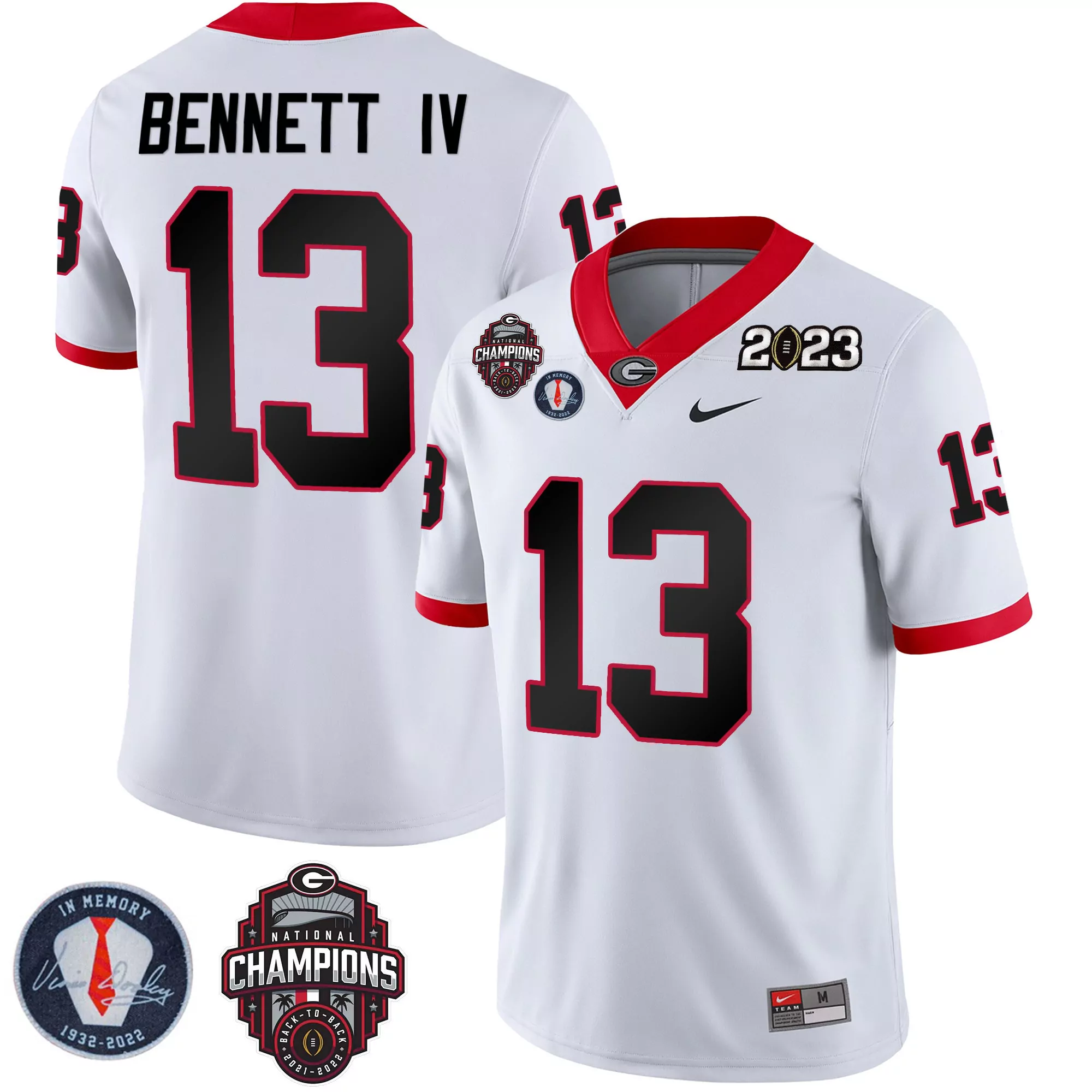 stetson bennett white mens georgia bulldogs 2023 champions vince dooley patch jersey all stitched