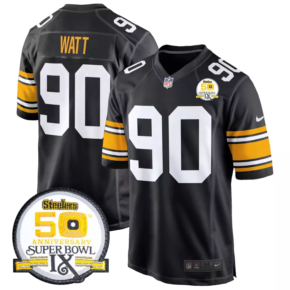 t j watt 1975 throwback mens pittsburgh steelers 50th anniversary of super bowl ix patch game jersey all stitched