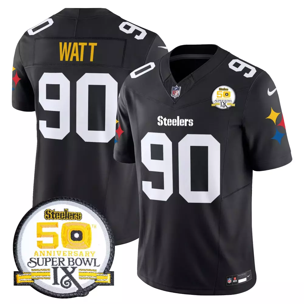 t j watt 1975 throwback mens pittsburgh steelers 50th anniversary of super bowl ix patch game jersey all stitched