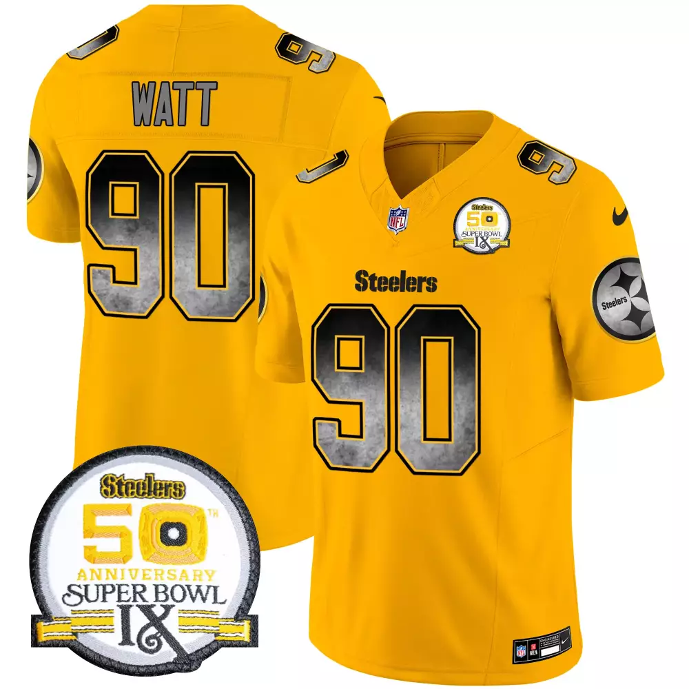 T.J. Watt Pittsburgh Steelers Gold Arch Smoke 50th Anniversary Super Bowl IX Vapor Limited Jersey | Stitched | For Men, Women & Youth