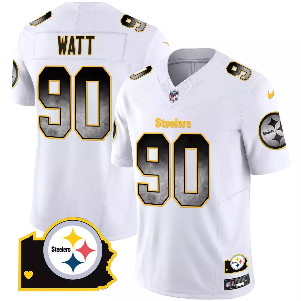T.J. Watt Pittsburgh Steelers Men's Vapor Jersey V2 | White Style with Arch Smoke Patch | All Stitched | For Men, Women & Youth