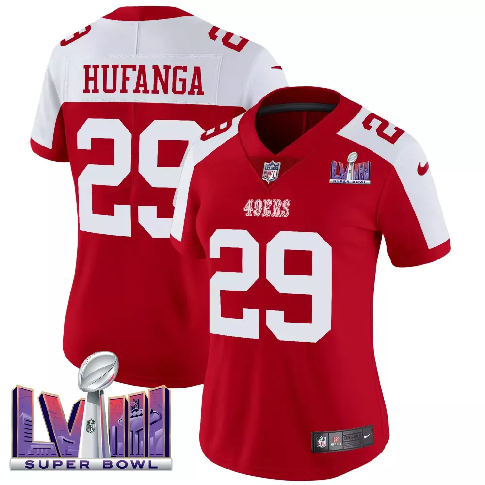 talanoa hufanga alternate womens san francisco 49ers super bowl lviii patch vapor limited jersey all stitched