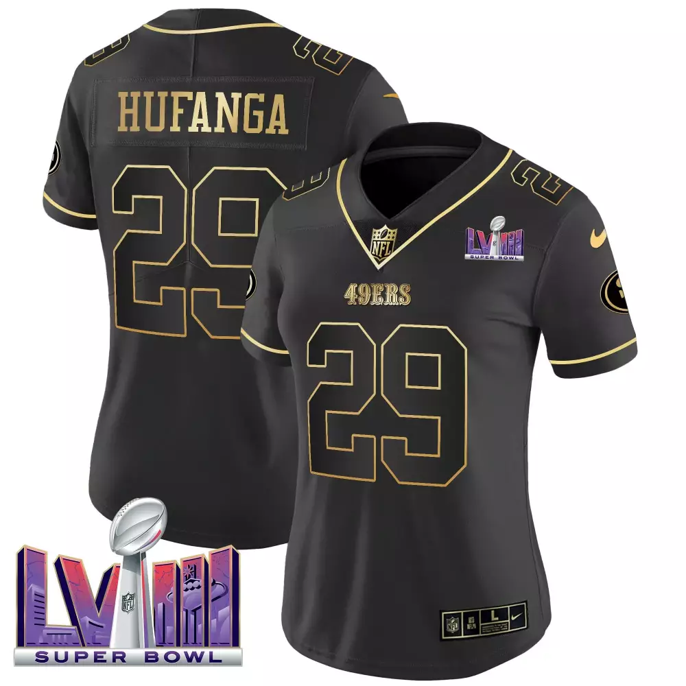 talanoa hufanga black gold womens san francisco 49ers super bowl lviii patch vapor jersey v2 all stitched