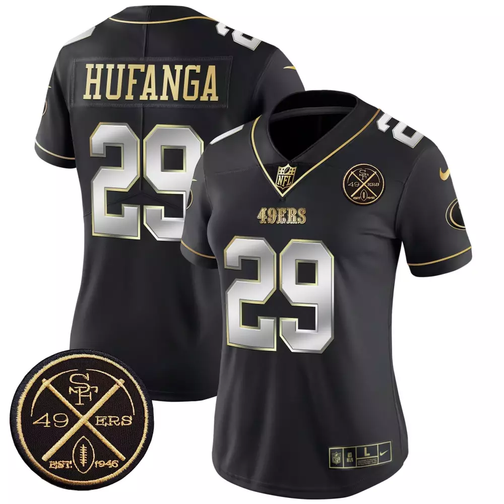 talanoa hufanga black gold womens san francisco 49ers super bowl lviii patch vapor jersey v2 all stitched