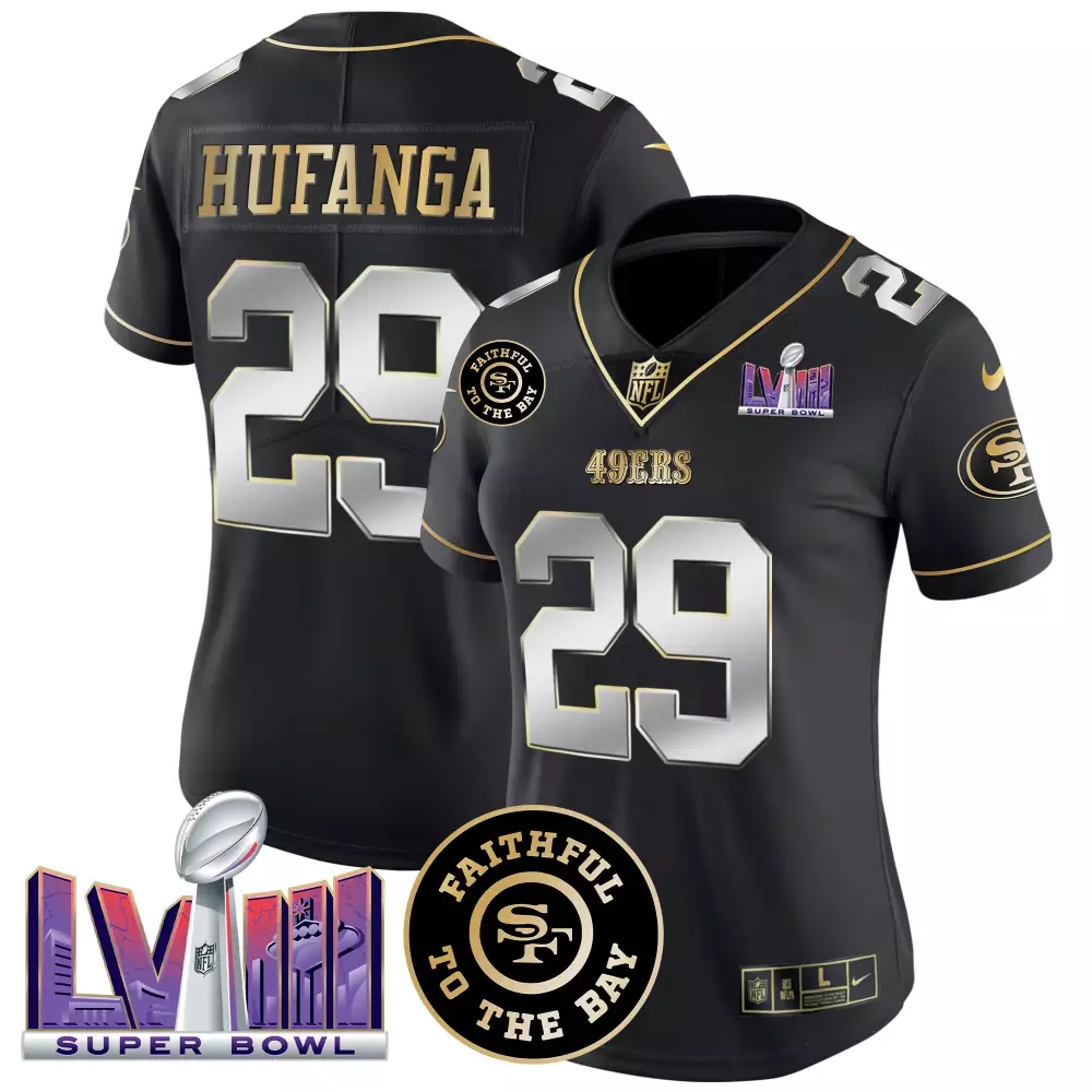 talanoa hufanga black limited womens san francisco 49ers faithful super bowl lviii patch vapor jersey all stitched