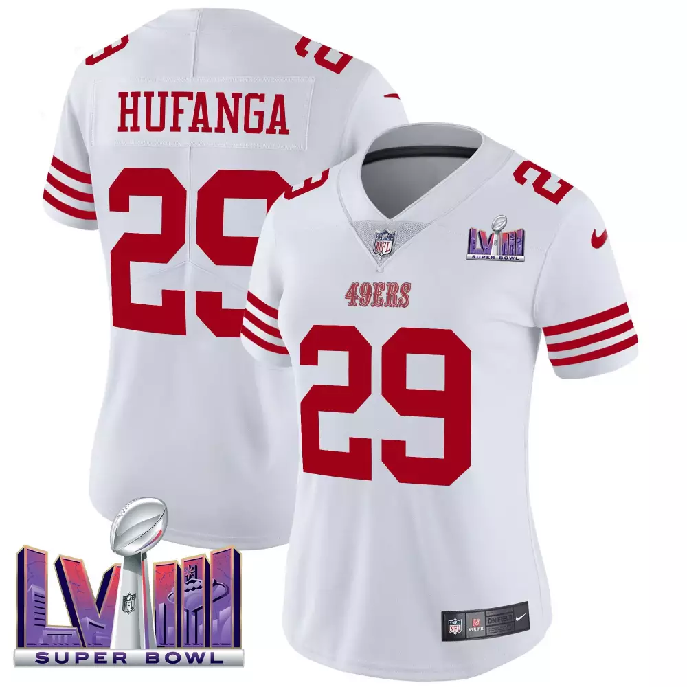 talanoa hufanga white womens san francisco 49ers super bowl lviii patch vapor limited jersey all stitched