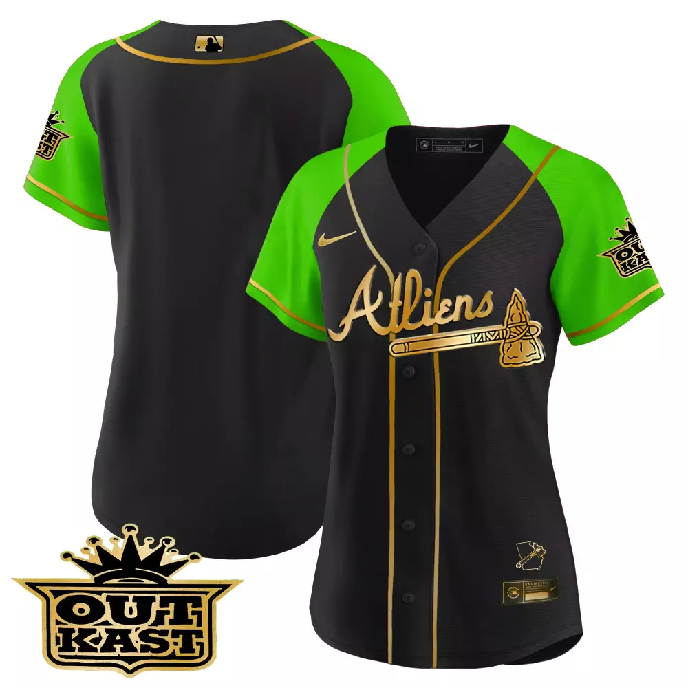 team black bright green mens atlanta braves atliens gold alternate flex base jersey all stitched