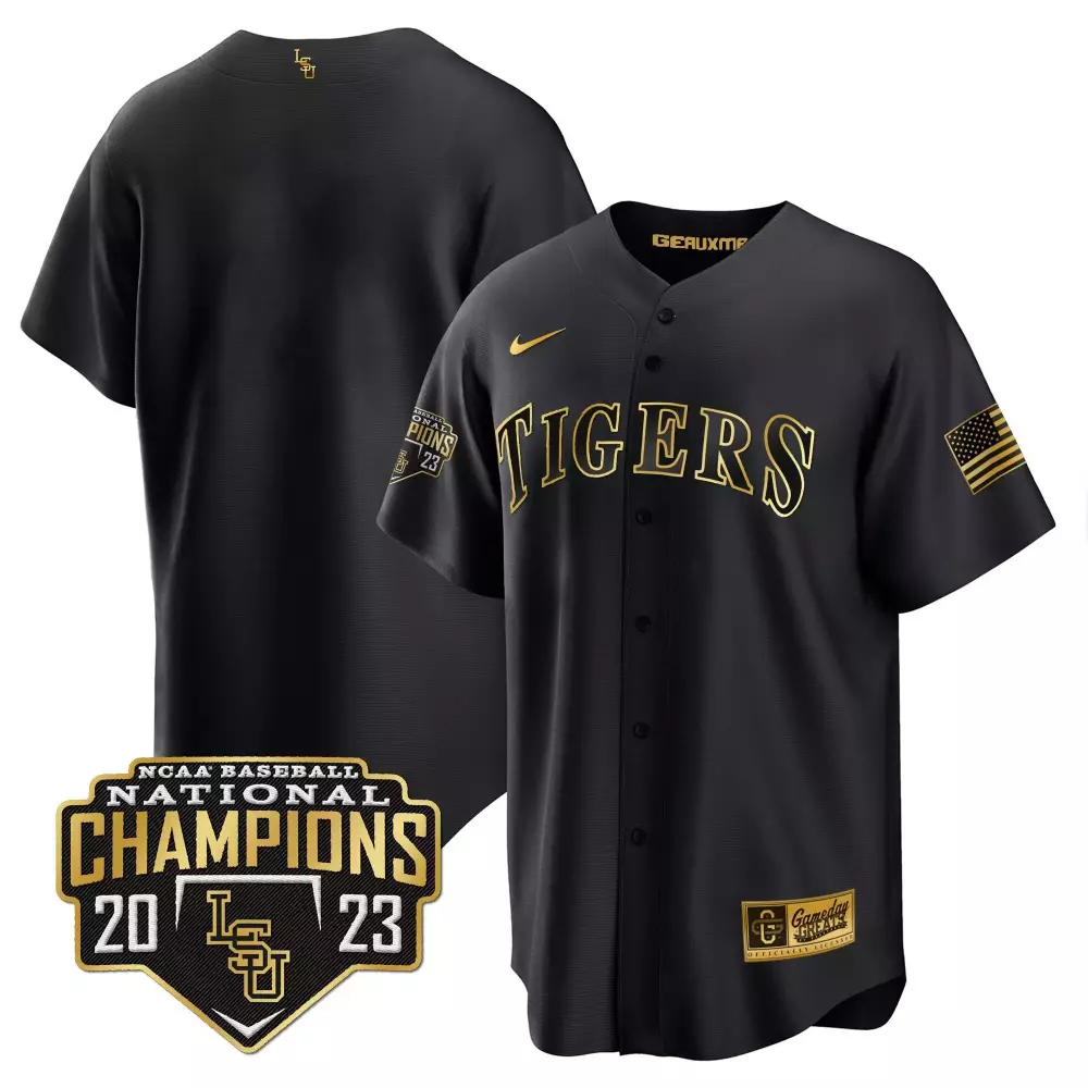 team black gold mens lsu tigers 2023 national champions gold cool jersey v5 all stitched