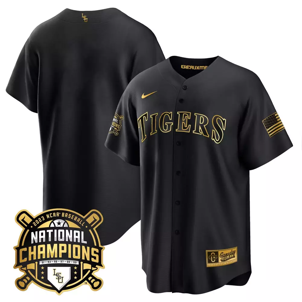 team black gold mens lsu tigers 2023 national champions gold cool jersey v5 all stitched
