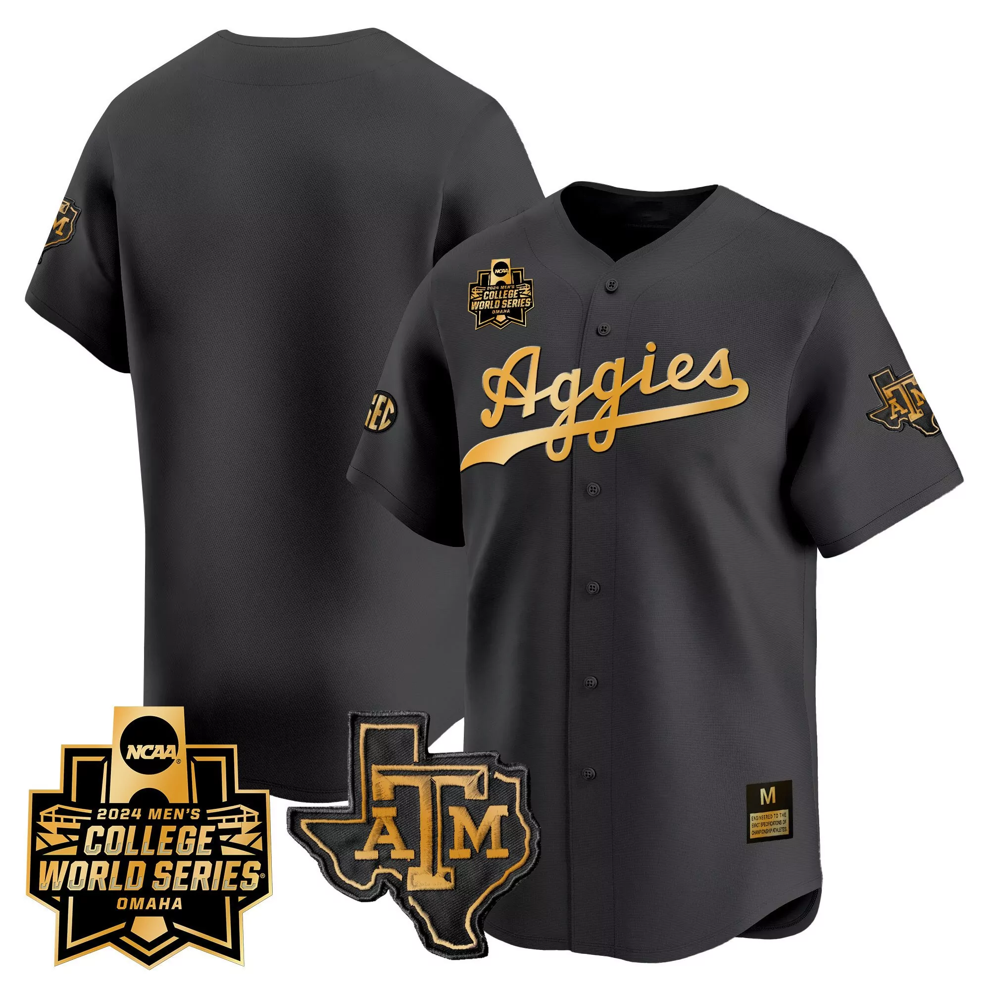 team black gold mens texas am aggies 2024 college world series vapor premier limited jersey all stitched
