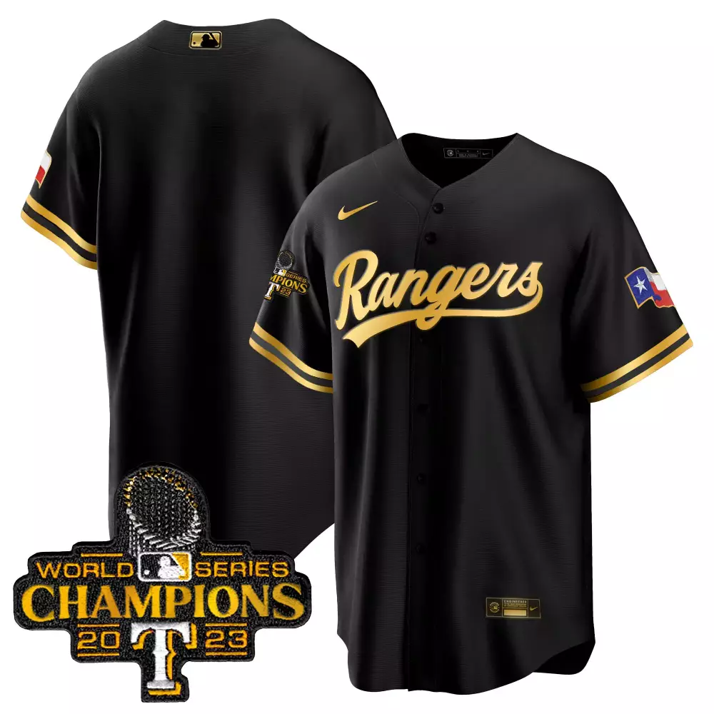 team black gold mens texas rangers 2023 world series champions cool base jersey v3 all stitched
