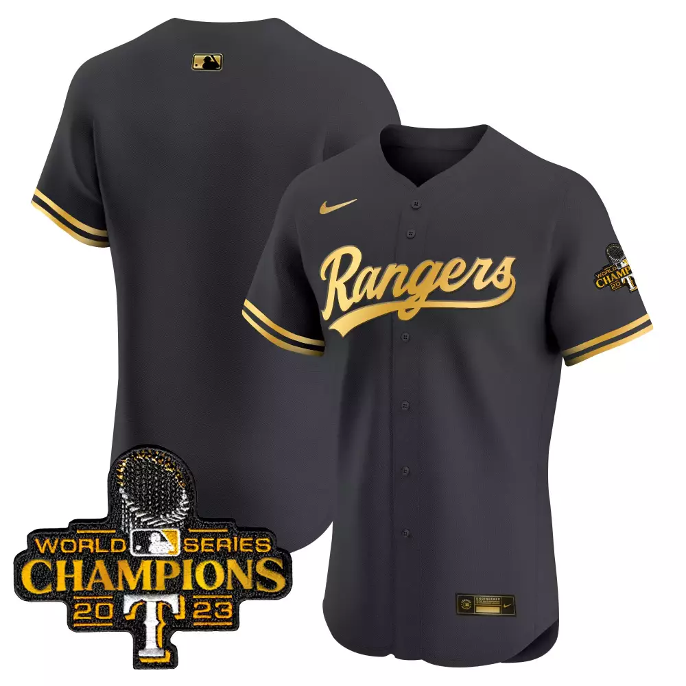 team black gold mens texas rangers 2023 world series champions gold trim vapor premier elite jersey all stitched