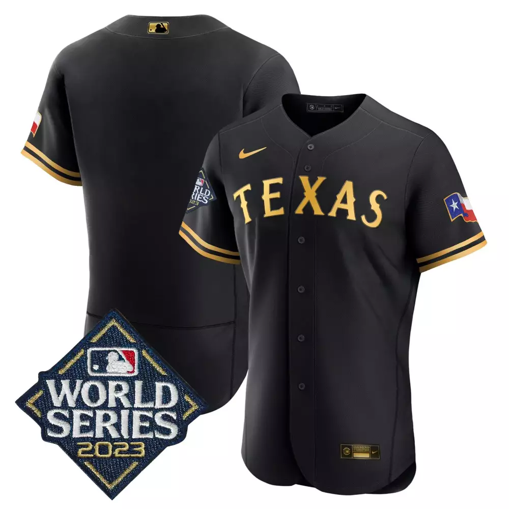 team black gold mens texas rangers 2023 world series flex base jersey all stitched