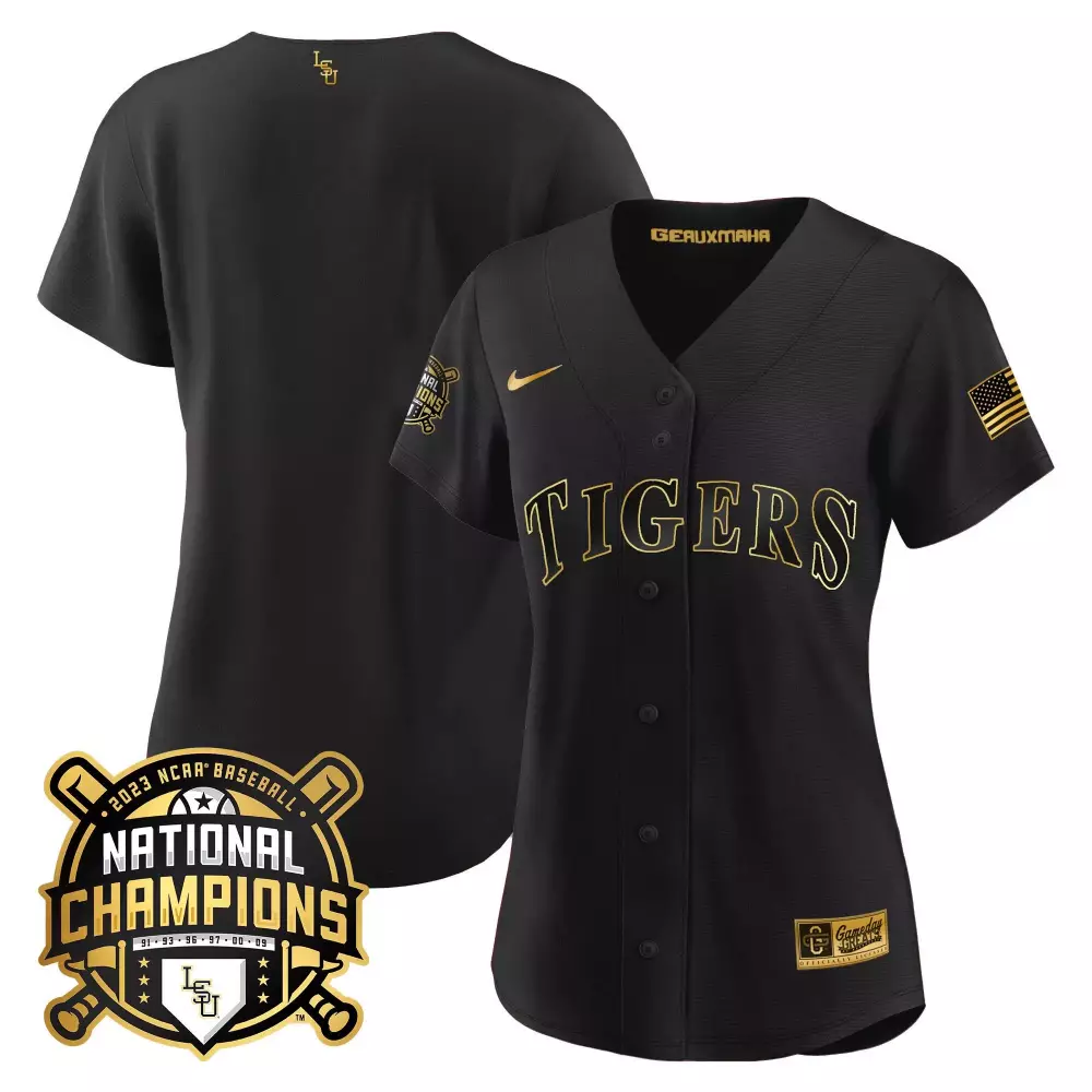 team black gold mens lsu tigers 2023 national champions gold cool jersey v5 all stitched