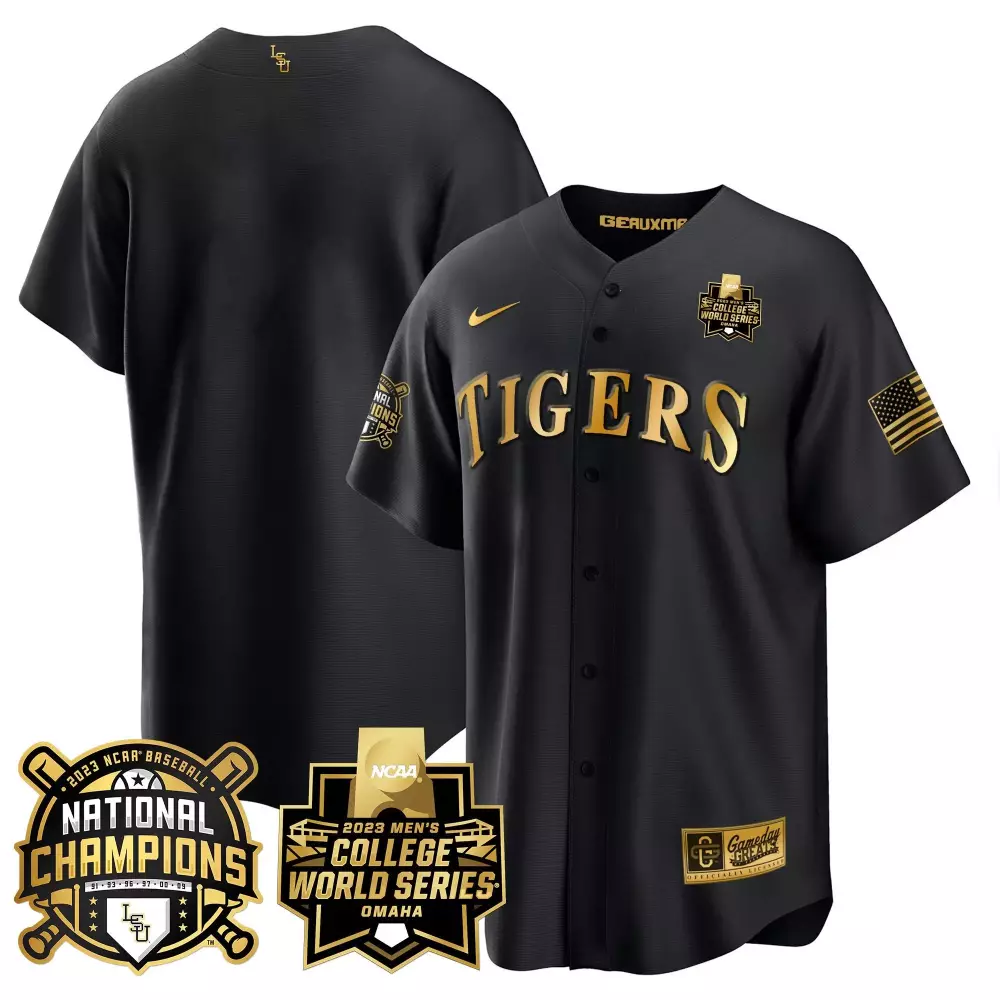team black limited mens lsu tigers 2023 national champions gold cool jersey v3 all stitched