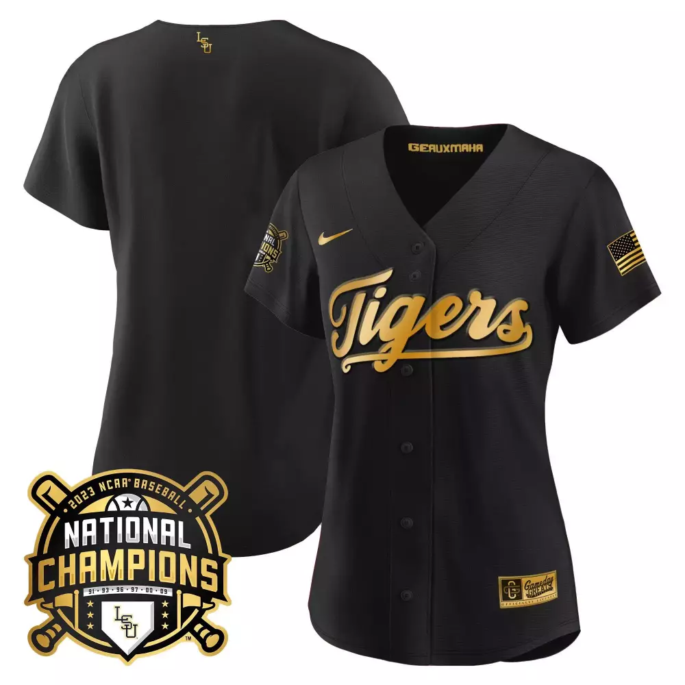 team black limited womens lsu tigers 2023 national champions gold jersey v2 all stitched