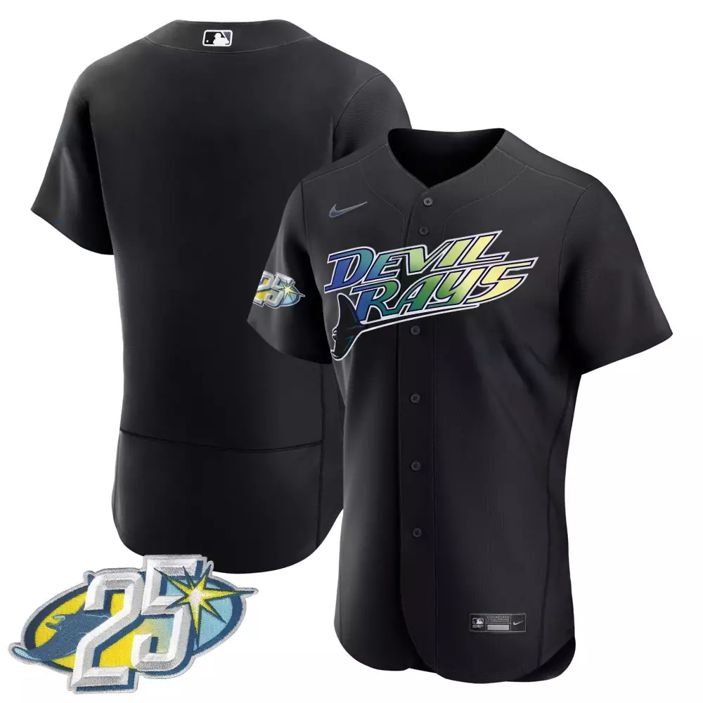team black mens tampa bay rays 25th anniversary patch flex base jersey all stitched