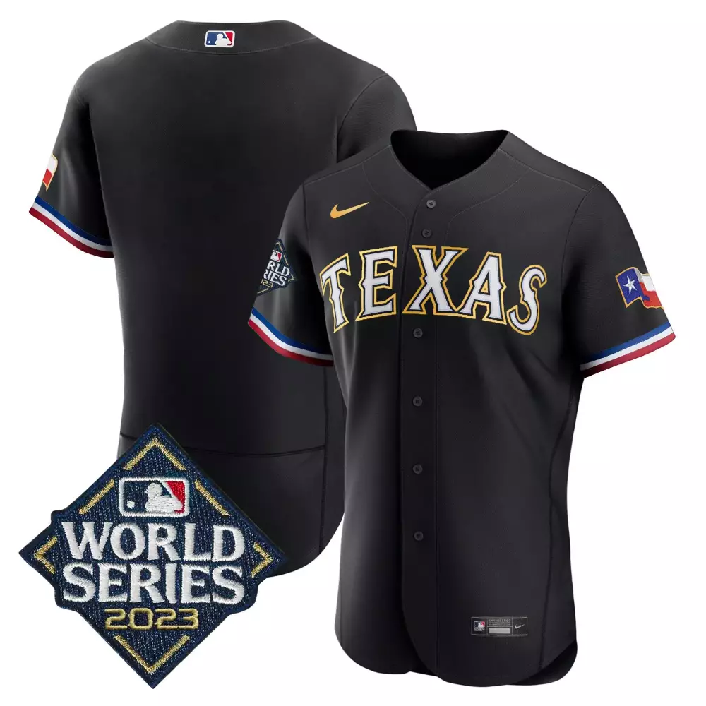 team black mens texas rangers 2023 world series flex base gold trim jersey all stitched