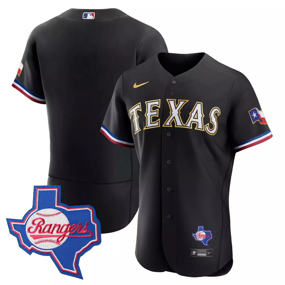team black mens texas rangers gold trim flex base jersey texas patch all stitched