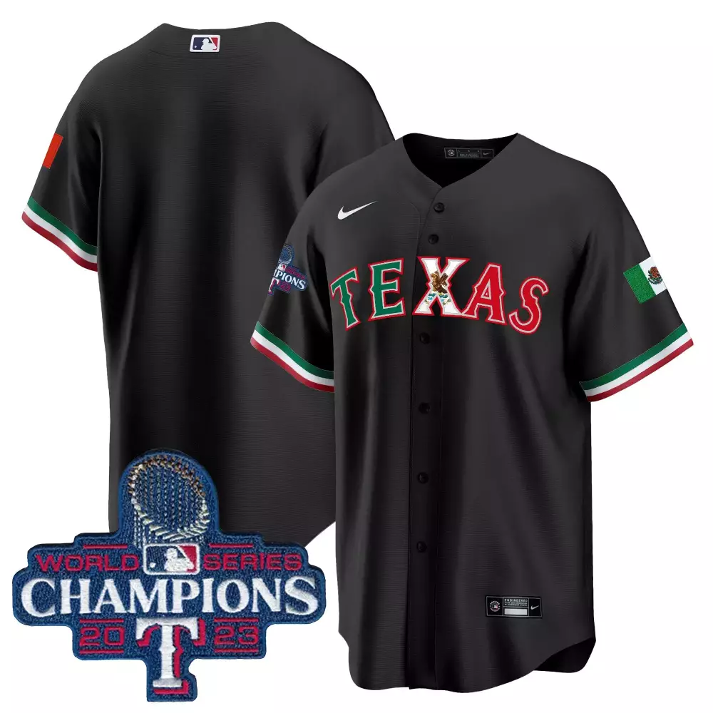team black mens texas rangers mexico 2023 world series champions baseball jersey v2 all stitched