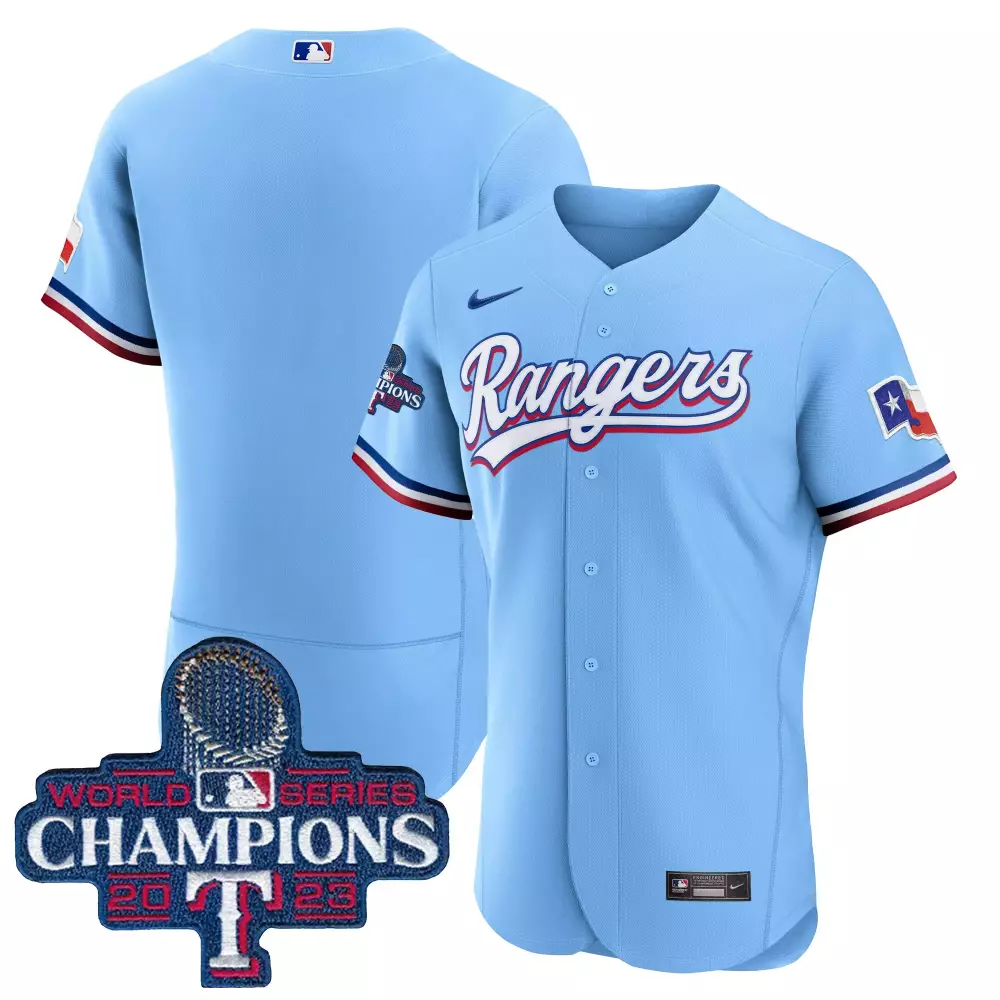 team blue mens texas rangers 2023 world series champions flex base jersey all stitched