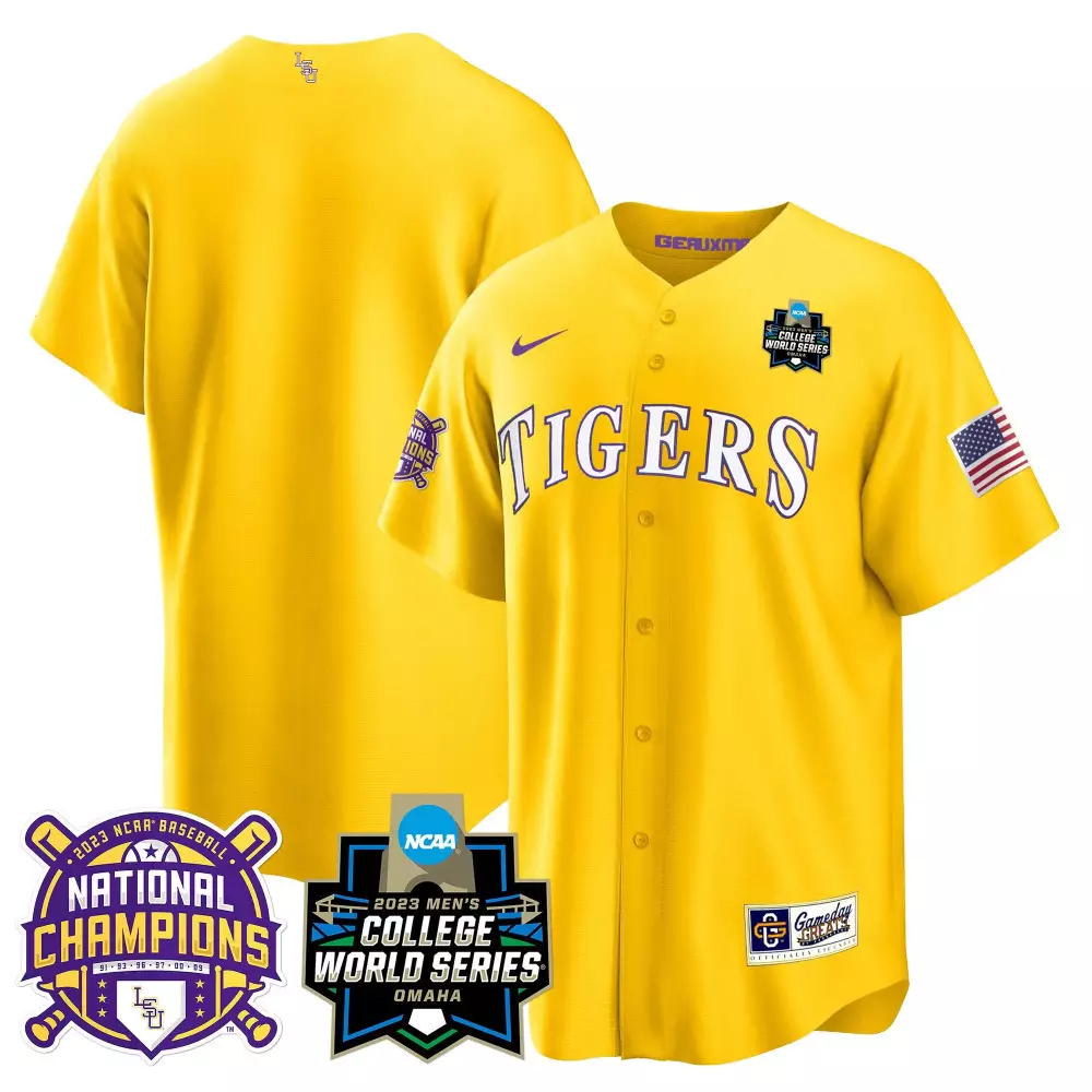 team gold mens lsu tigers 2023 national champions gold cool jersey all stitched