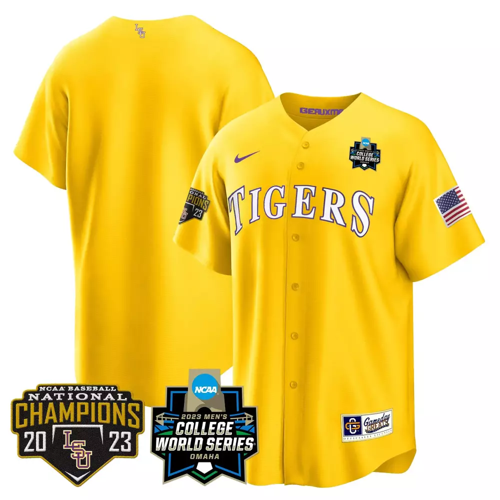 team gold mens lsu tigers 2023 national champions gold cool jersey all stitched
