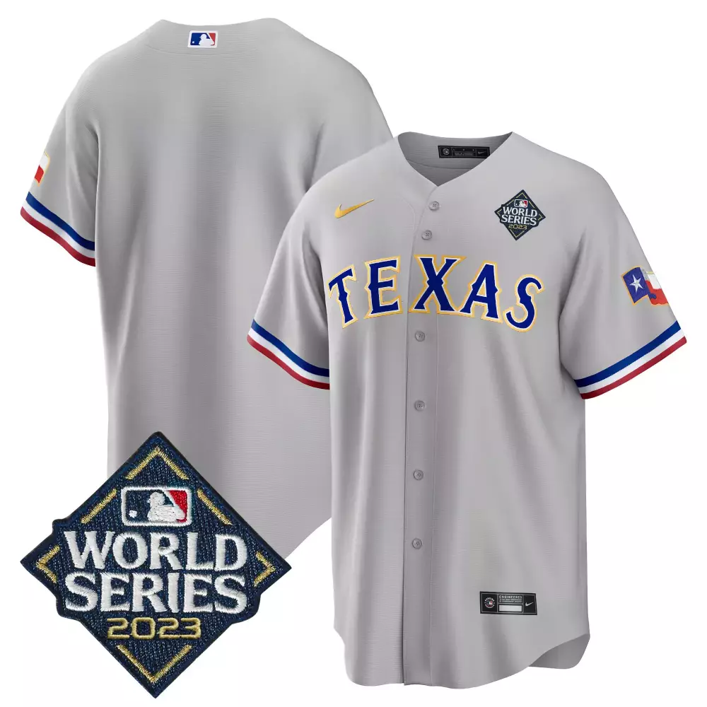 team gray mens texas rangers 2023 world series cool base gold trim jersey v2 all stitched