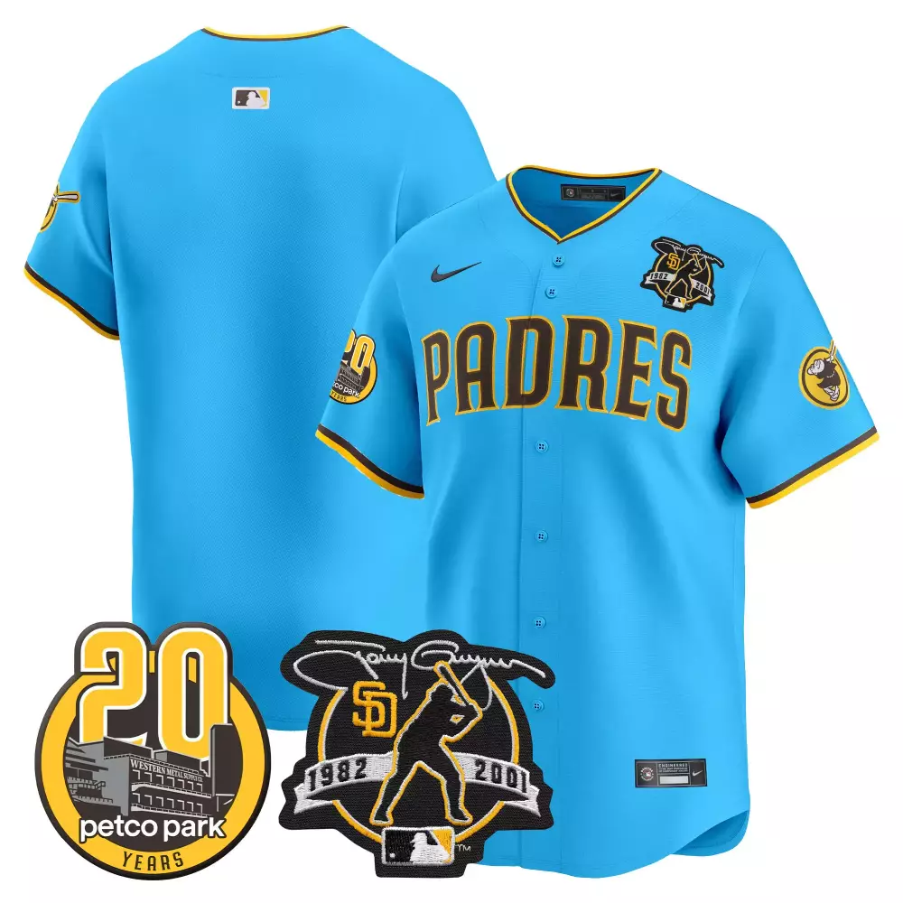 San Diego Padres Men's Light Blue Tony Gwynn Petco Park 20th Patch Vapor Premier Limited Jersey V2 | Stitched | Limited Edition | For Men, Women & Youth